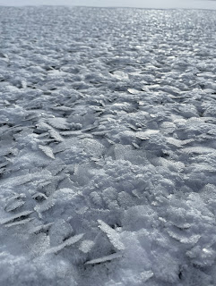 fan shaped ice crystals covering a frozen lake