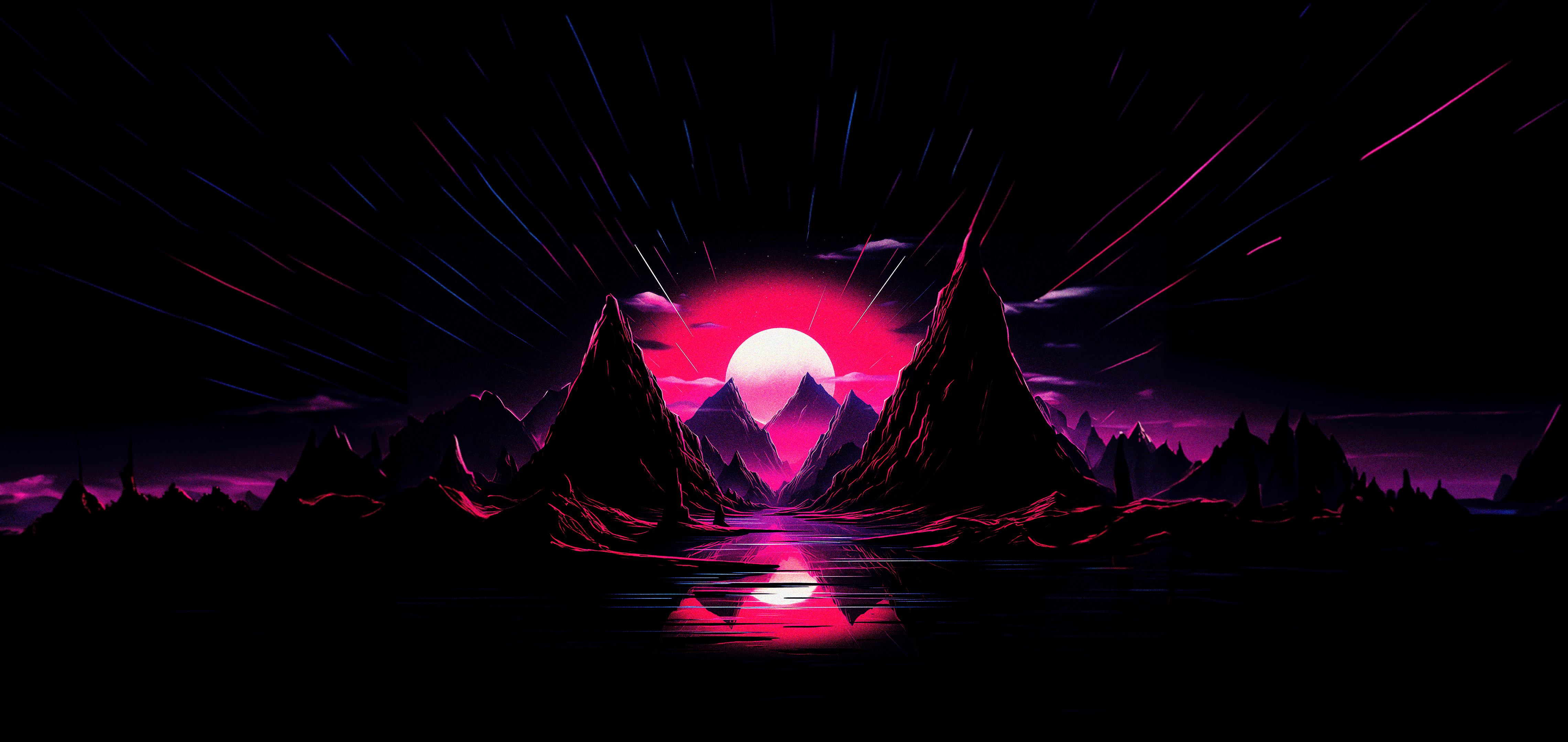Vaporwave Dreams: 4K Mountain Night Landscape Wallpaper for Gamers