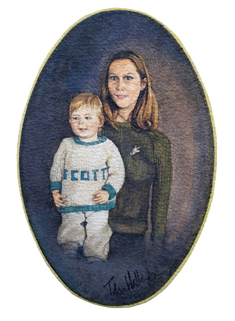 Oval watercolour 14.5 x 12.5 cms. of a young woman and a young boy, "Anne-Marie et Scott," by William Walkington