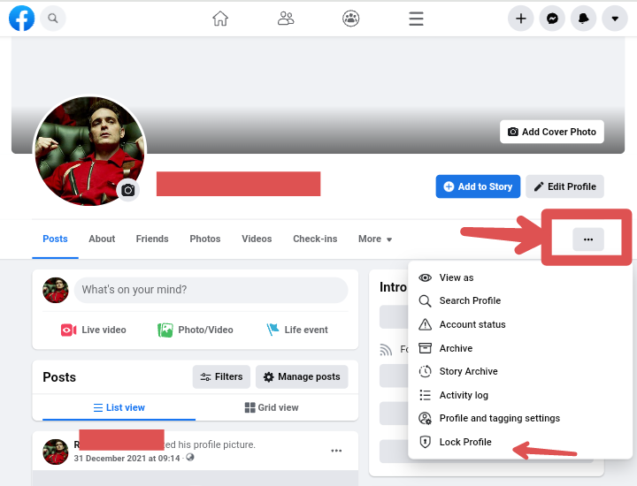 Options for locking Facebook account
