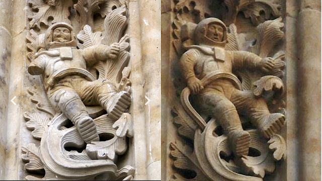 Astronaut carved into the outside of the Salamanca Cathedral in Spain.