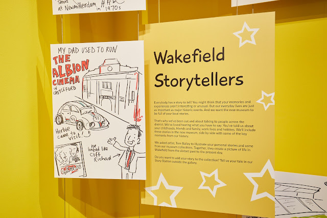 A cartoon-style drawing by Tom Bailey of 'My dad used to run The Albion Cinema in Castleford' and the text accompanying the Wakefield Storytellers section of the exhibition