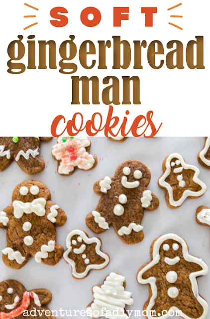 frosted gingerbread cookies with text overlay with the words soft gingerbread man cookies