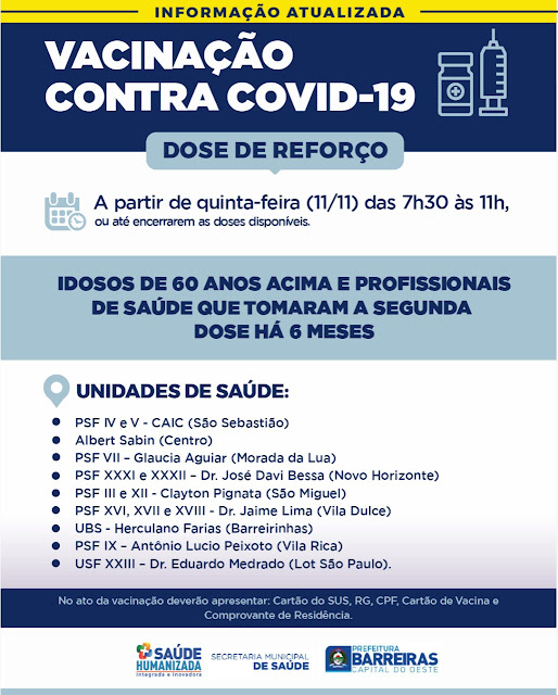 Doses de reforço serão aplicadas nesta quinta feira para faixa etária de 60 anos