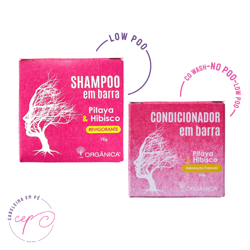 Shampoo (Low Poo) e Condicionador (No Poo) em Barra Pitaya & Hibisco - Orgânica