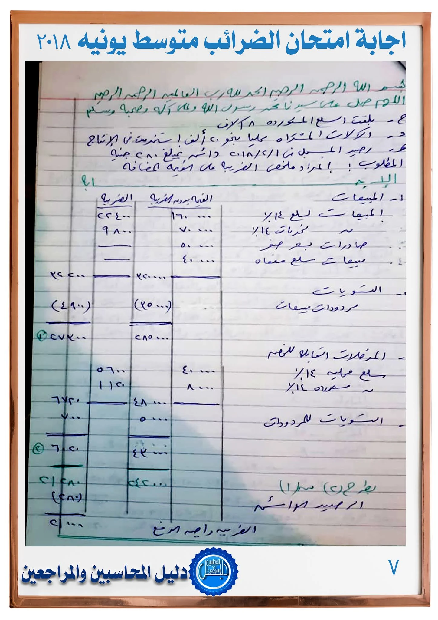 اجابة امتحان الضرائب للمستوي المتوسط  يونيو 2018 جمعية المحاسبين والمراجعين المصرية