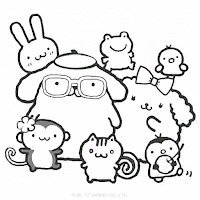 Pompompurin and his friends: Macaroon, Scone, Bagel, Mint, Powder, Coconut and Custard coloring page