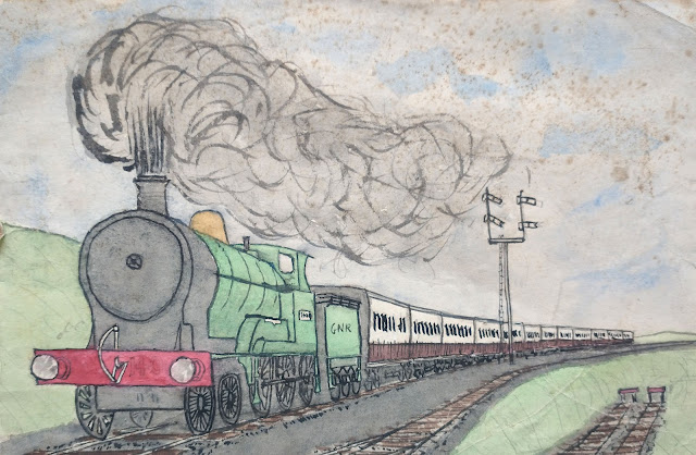 Watercolour of a 4-6-0 steam locomotive, "Unidentified 4-6-0 locomotive hauling a passenger train," by William Walkington.