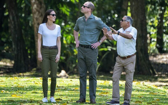 Kate Middleton wore khaki trousers from Dutch brand G-Star RAW, and white t-shirt by John Lewis, and white trainers by Superga