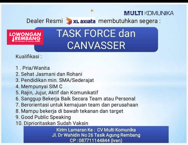 Lowongan Kerja Task Force dan Canvasser XL Axiata CV Multi Komunika Rembang