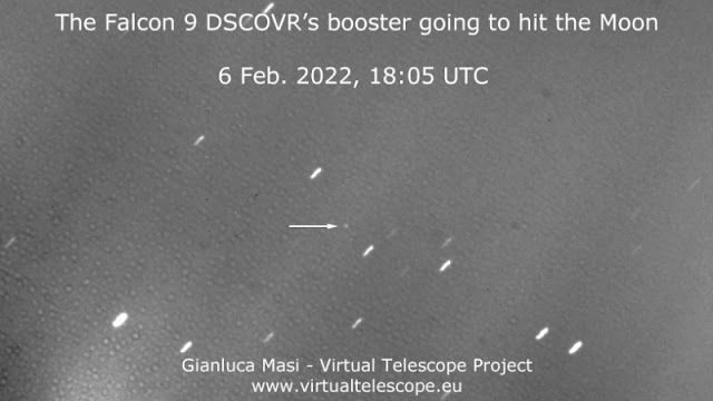 Estágio do foguete Falcon 9 que vai colidir com a Lua registrado com telescópio de 430mm de abertura na Itália pelo astrônomo Gianluca Masi do projeto Virtual Telescope