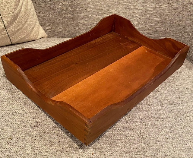 Photo of a thrifted vintage wooden in box/desk tray.
