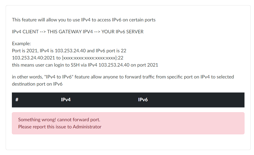 Hax IPv4-IPv6 Gateway. Something wrong! cannot forward port. Please report this issue to Administrator