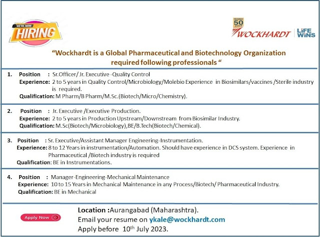Wockhardt Pharma Hiring For MSc (Biotech/ Microbiology), BE/ BTech(Biotech/ Chemical)/ M Pharm/ B Pharm/ MSc (Biotech/ Micro/ Chemistry)/ Instrumentation