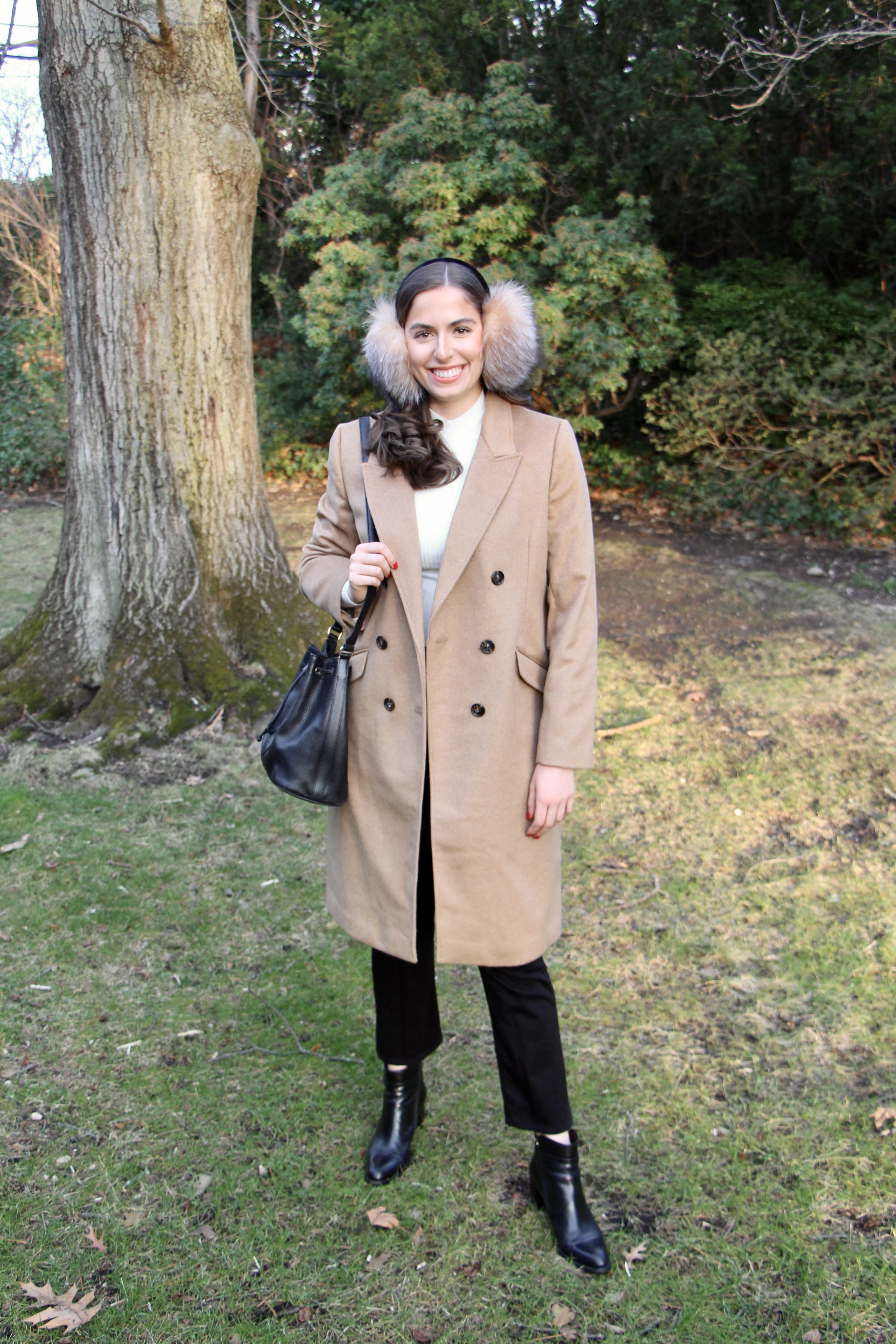 bodysuit, abercrombie, brown coat, neutral outfit, winter outfit, casual winter outfit, earmuffs, black pants, winter, brown coat