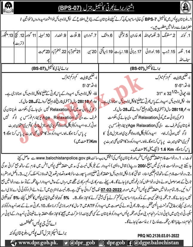 balochistan police jobs 2022 | quetta police jobs 2022 for Constable Lasted advertisment