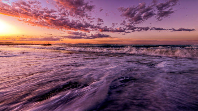 Wallpaper PC Waves, Sea, Sunset, Pink Sky, Horizon