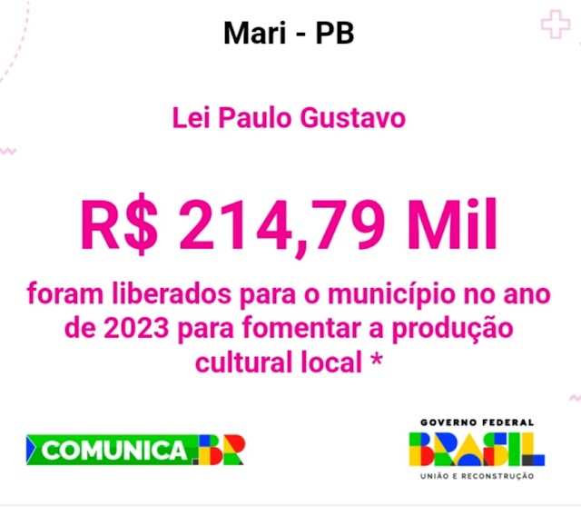 Lei Paulo Gustavo: Marí/PB terá mais de R$ 214 mil  investidos na Cultura 
