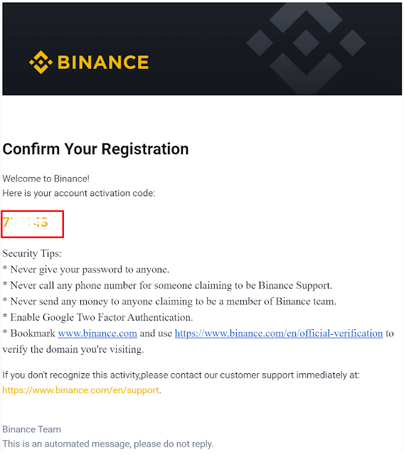 Input activation code during Binance account creation