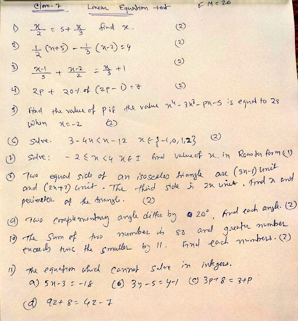 Class 7 Limear Equation Test Set 2 FM 20