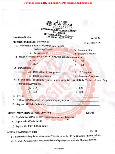 BP606T Quality Assurance 1st midterm  6th Semester B.Pharmacy Previous Year's Question Paper,BP606T Quality Assurance,BPharmacy,Previous Year's Question Papers,BPharm 6th Semester,