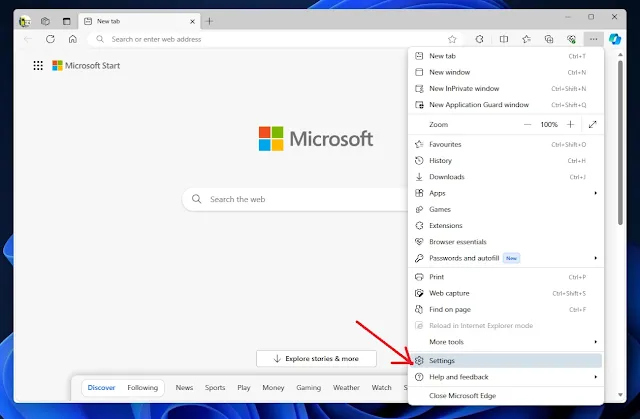 Open Setting In Edge Browser