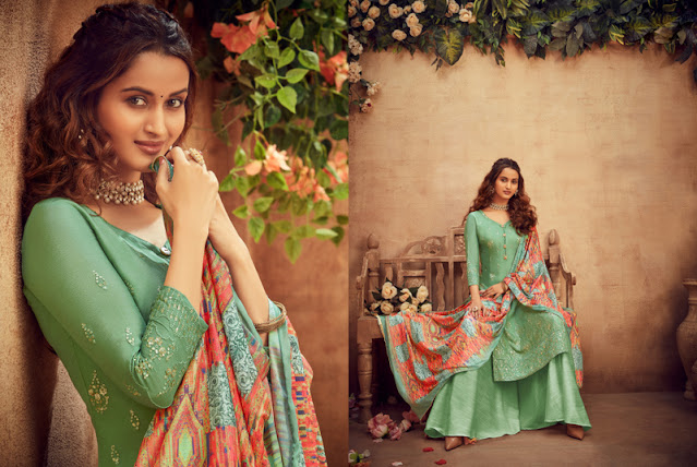 Green Pure Viscose Embroidered Work Palazzo Suit