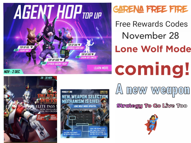 Garena Free Fire free rewards Codes November 28 | Lone Wolf Mode coming! A new weapon strategy to go live too