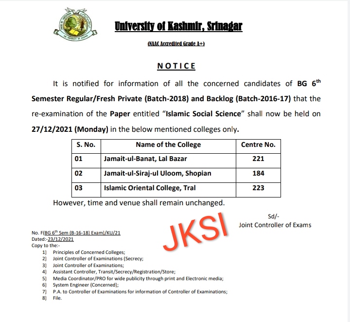 Notice kashmir university