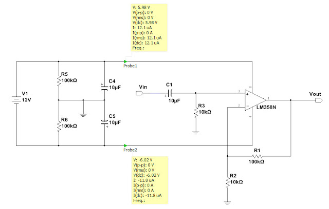 LM358 op-amp with dual supply from single supply
