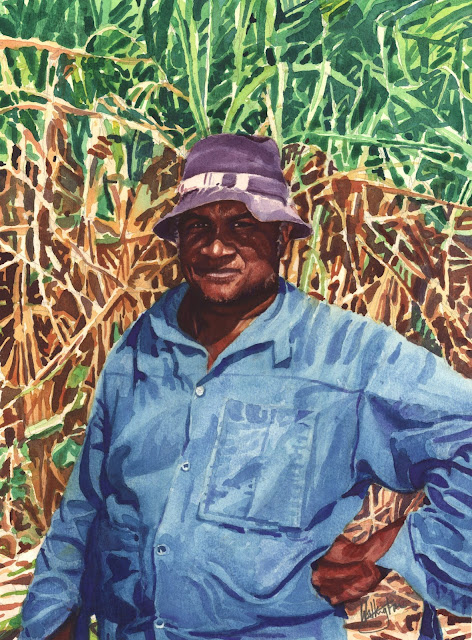 Watercolour portrait of a sugar cane farmer in his field of sugar cane, "En bleu de travail," by William Walkington