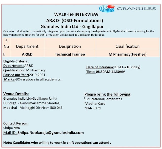 Granules India Limited | Walk-in interview for AR&D - Formulations on 19th Nov 2021