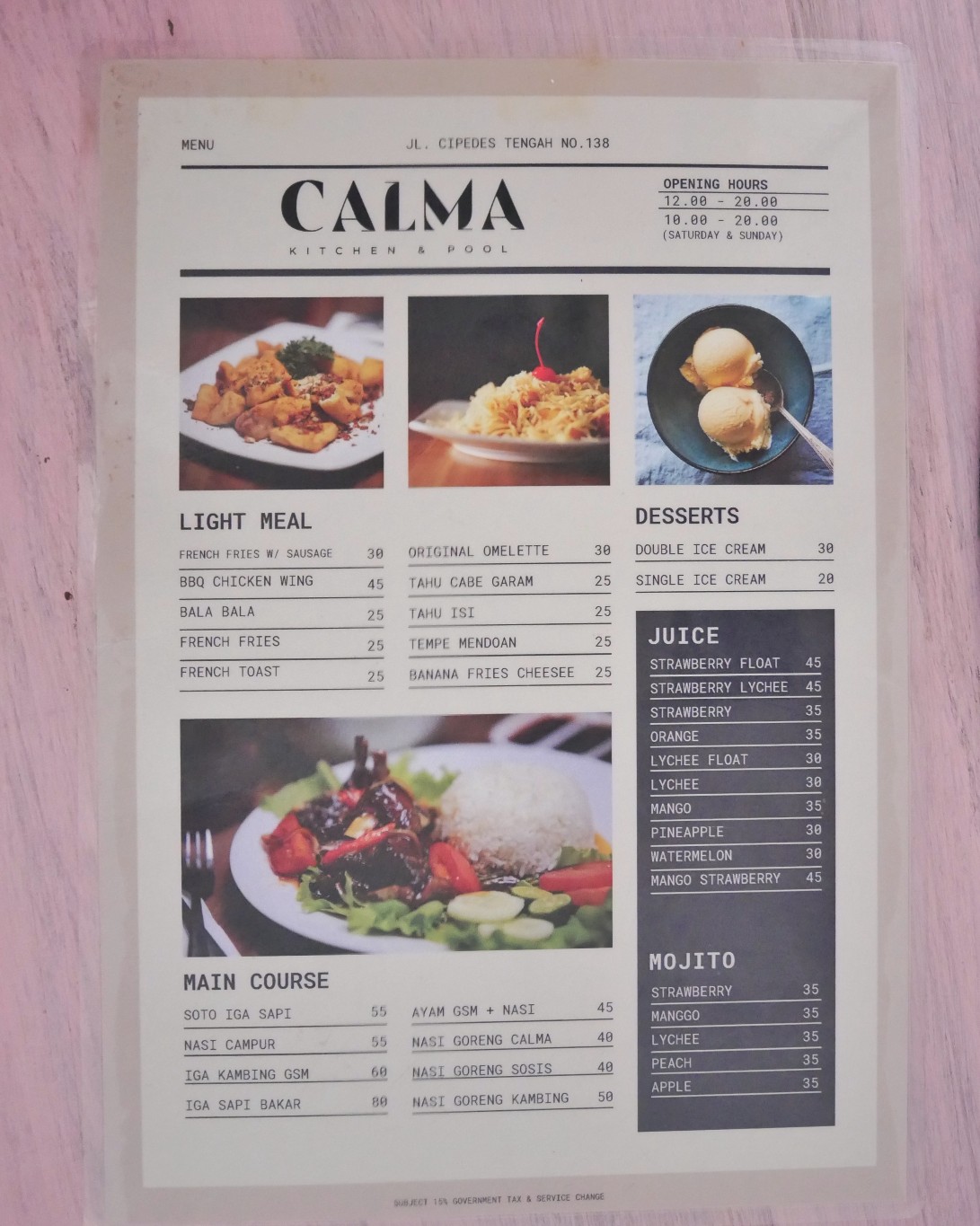 calma kitchen and pool menu