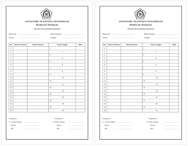 Format Daftar Hadir dan Nilai Ujian Sekolah/Madrasah