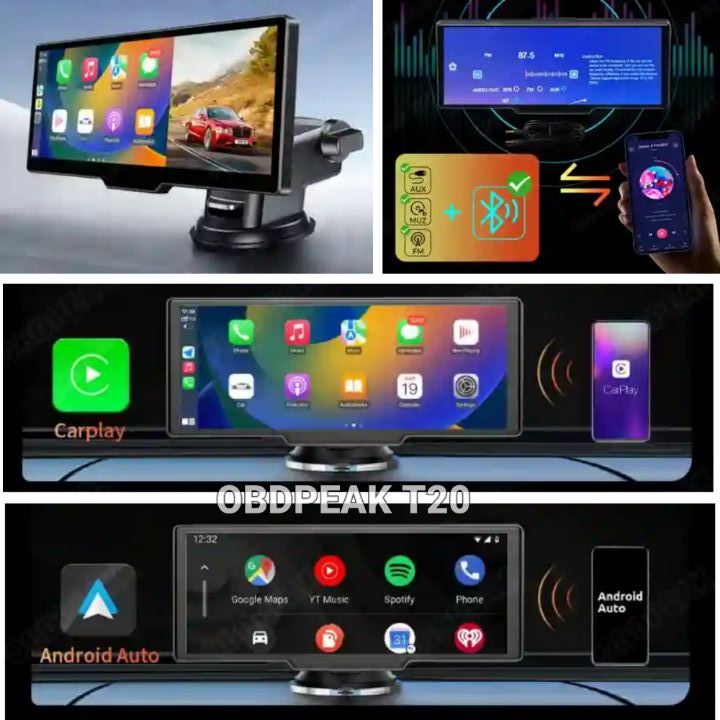 OBDPEAK T20 Carplay and Android Auto Player: Smart Car Mirror Video with GPS Function, FM, Bluetooth, WiFi, USB, etc