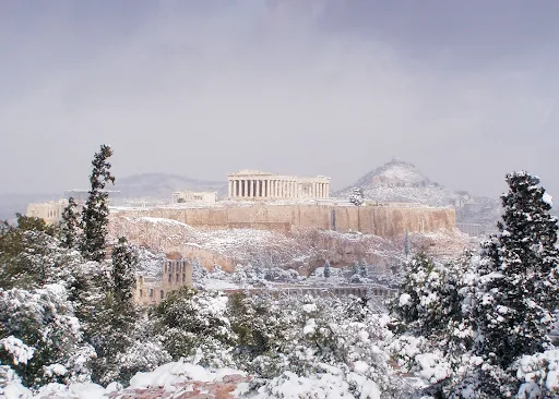 he Athens Acropolis under the snow