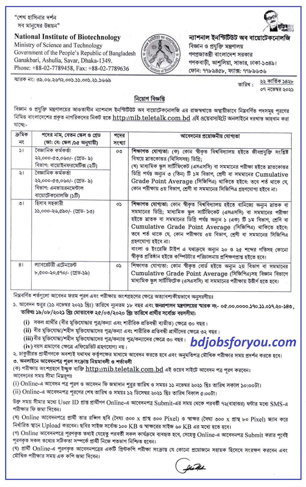 National Institute of biotechnology job circular 2021