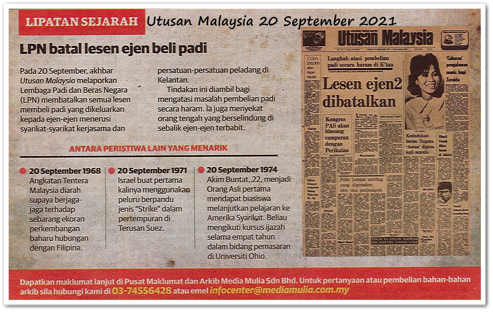 Lipatan sejarah 20 September - Keratan akhbar Utusan Malaysia 20 September 2021