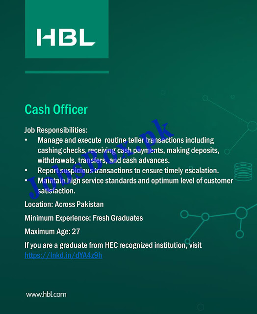 Habib Bank Limited HBL Jobs 2022 || Bank jobs 2022 Habib Bank Limited HBL Jobs 2022 for Cash Officers Across Pakistan