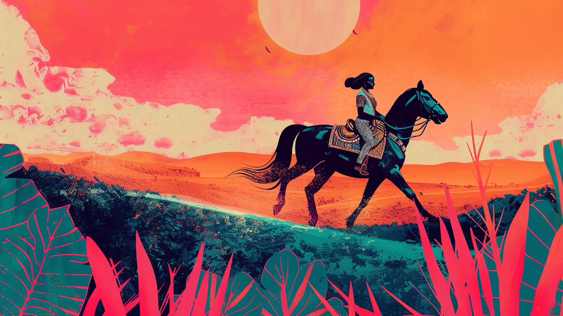 A stylized rider on horseback travels through a vivid landscape with a large, radiant sun setting in the background.