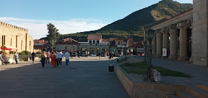 Tourist shops and restaurants outside Svetitskhoveli cathedral in Mtskheta city..