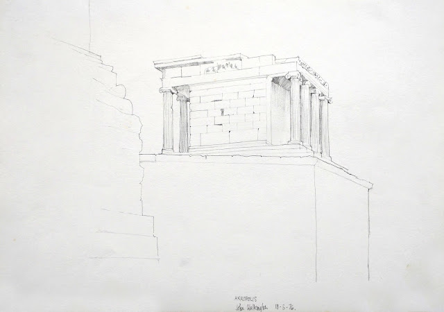 Pencil drawing of an Ionic temple, "The Temple of Athena Nike on the Acropolis of Athens," by William Walkington in 1976.