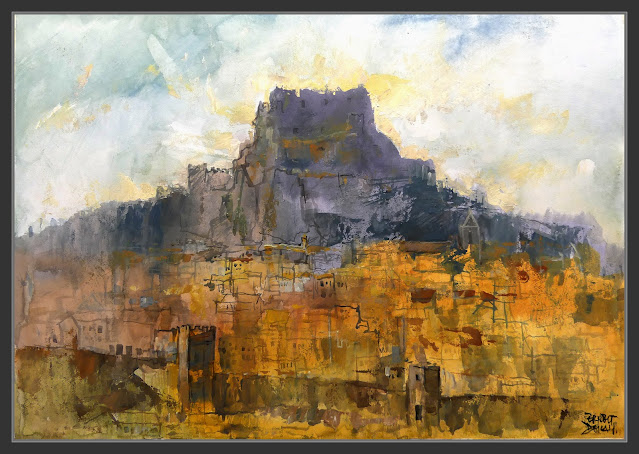 MORELLA-PINTURA-ARTE-PANORAMICA-CASTILLO-IGLESIAS-MURALLAS-CASAS-PAISAJES-CASTELLON-ARTISTA-PINTOR-ERNEST DESCALS