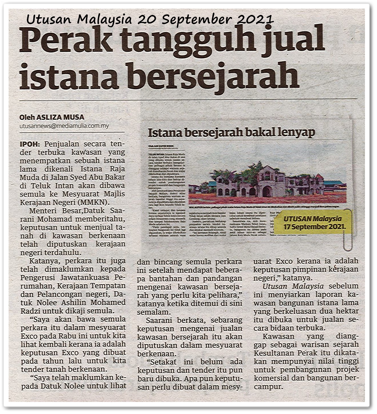 Perak tangguh jual istana bersejarah - Keratan akhbar Utusan Malaysia 20 September 2021
