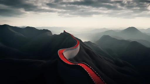 Abstract winding road on a mountain crest with red edges against a backdrop of misty mountain ranges and a cloudy sky.
