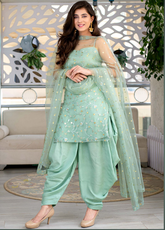 Green Embroidered Readymade Punjabi Suit In Net