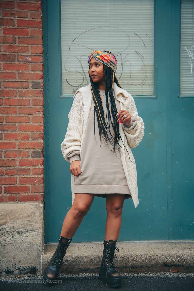 Sweenee Style, Indianapolis Style Blog, Fashion Blog, SWEATSHIRT Dress, Easy outfit ideas, CARDIGAN STYLE, GUCCI SCARF, GIRLS WHO WEAR BRAIDS, NATURAL
