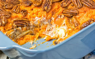 Sweet Potato Casserole With Almond Sauce and Candied Pecans