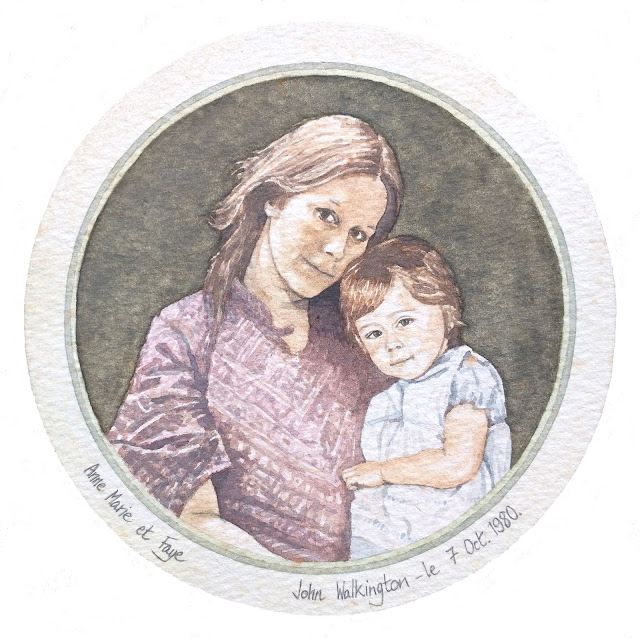 Circular watercolour, diameter 12 cms, of a young woman and a young girl, "Anne-Marie et Faye," by William Walkington in 1980