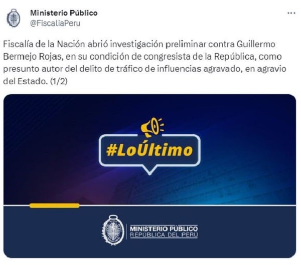 Guillermo Bermejo: Fiscalía abrió investigación preliminar contra congresista